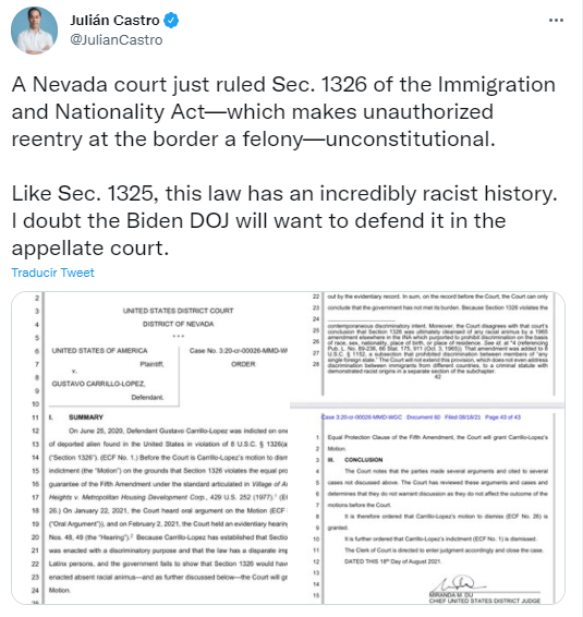 En esta nota informamos sobre el importante fallo de la jueza de Nevada Miranda Du que podría cambiar la situación de los deportados. La imagen es de las declaraciones vía Twitter de Julián Castro. 