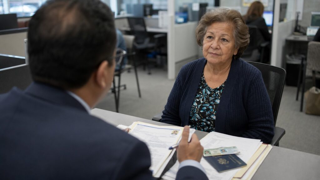 Una mujer latina mayor escucha atentamente a un oficial de USCIS durante su entrevista de naturalización en una oficina federal de Estados Unidos. Ciudadanía sin examen.