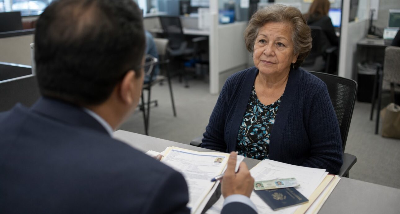 Una mujer latina mayor escucha atentamente a un oficial de USCIS durante su entrevista de naturalización en una oficina federal de Estados Unidos. Ciudadanía sin examen.