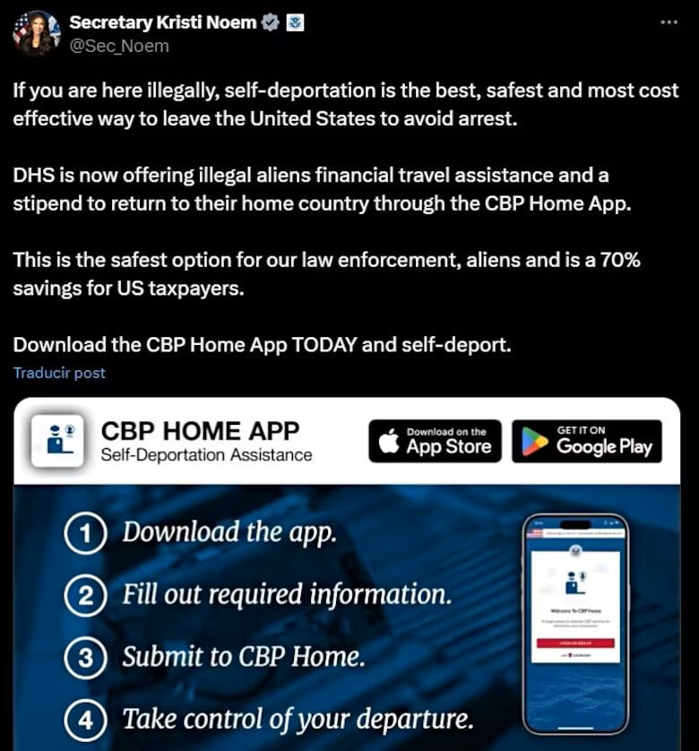 DHS autodeportacion Tuit de Kristi Noem